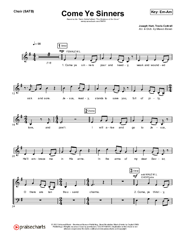 Come Ye Sinners Choir Sheet (SATB) (Travis Cottrell / Kristyn Getty)