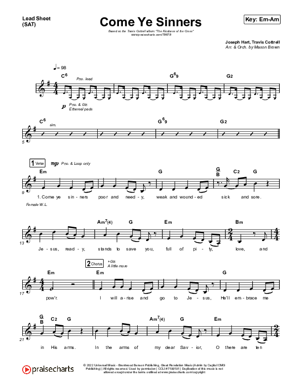 Come Ye Sinners Lead Sheet (SAT) (Travis Cottrell / Kristyn Getty)