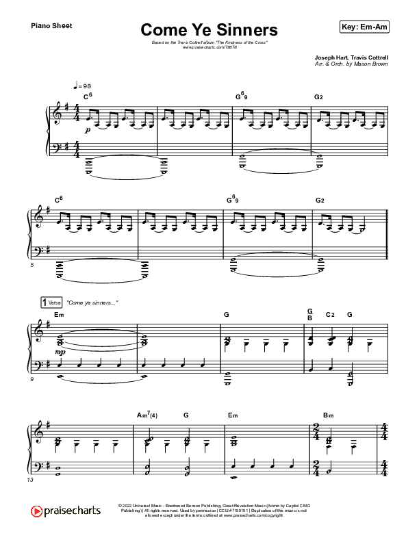 Come Ye Sinners Piano Sheet (Travis Cottrell / Kristyn Getty)