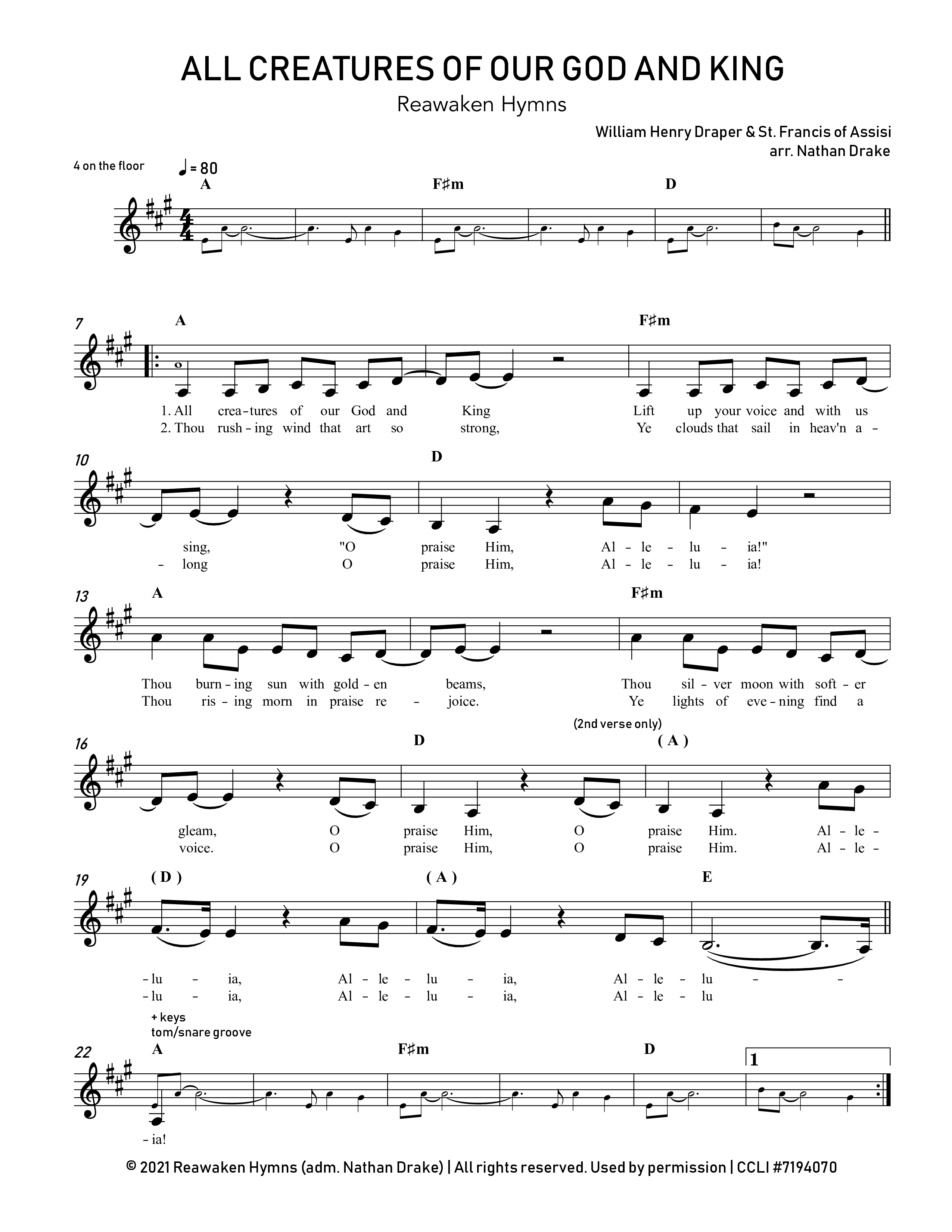 All Creatures Of Our God And King Lead Sheet Melody (Reawaken Hymns)