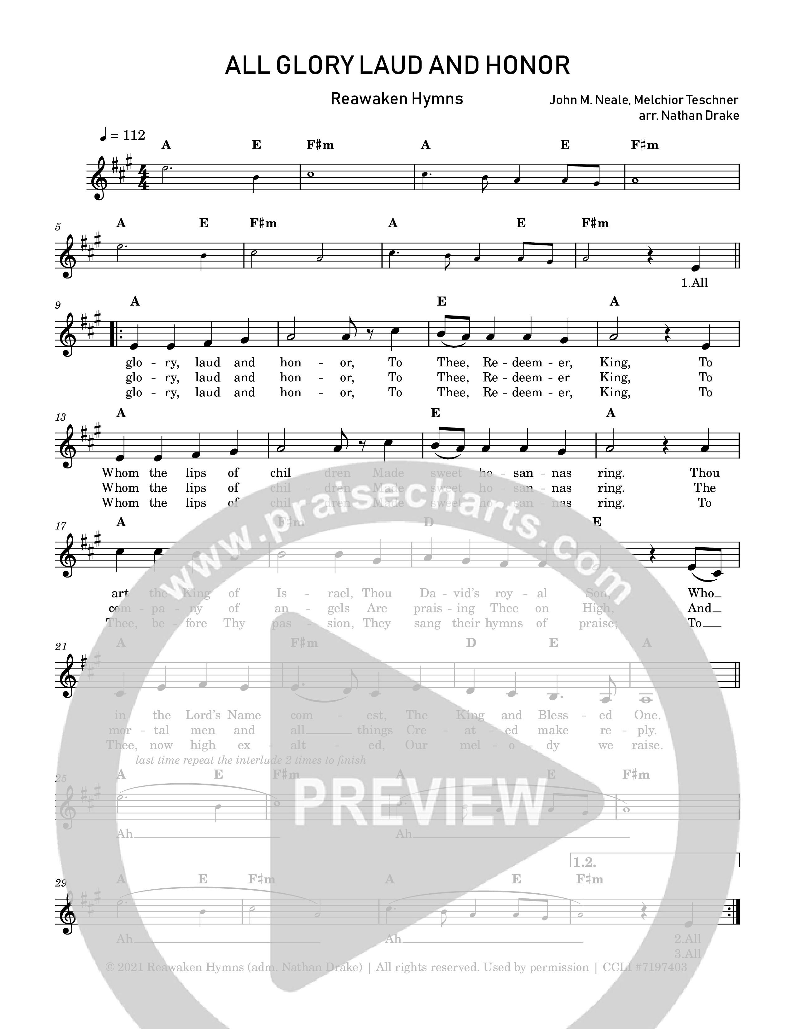 All Glory Laud And Honor Lead Sheet Melody (Reawaken Hymns)
