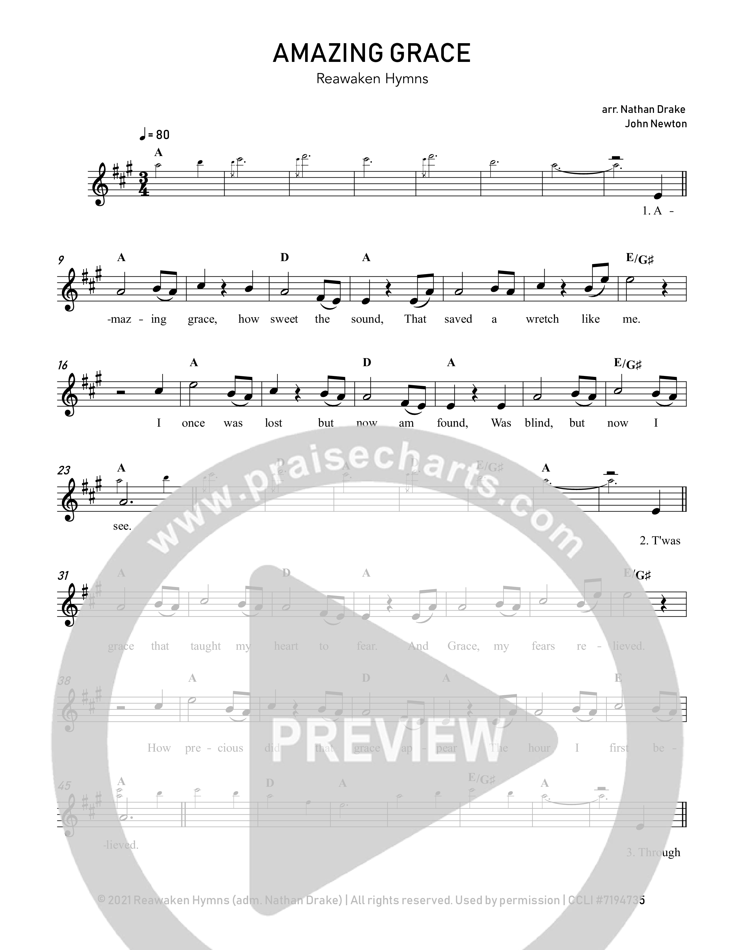 Amazing Grace Lead Sheet Melody (Reawaken Hymns)