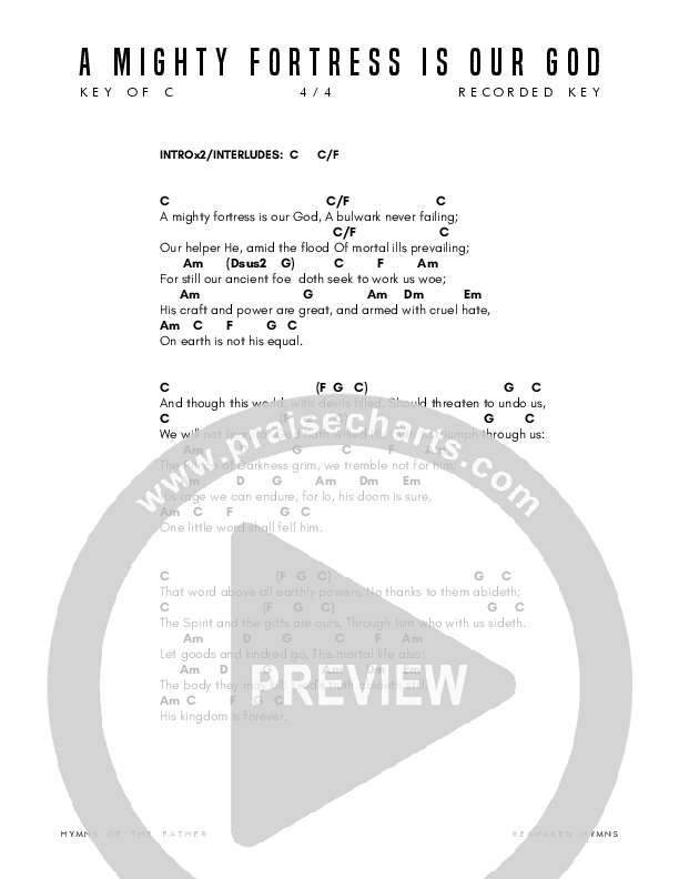 A Mighty Fortress Is Our God Chord Chart (Reawaken Hymns)