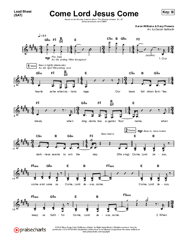 Come Lord Jesus Come Lead Sheet (SAT) (The Worship Initiative / Shane & Shane / Aaron Williams / Davy Flowers)