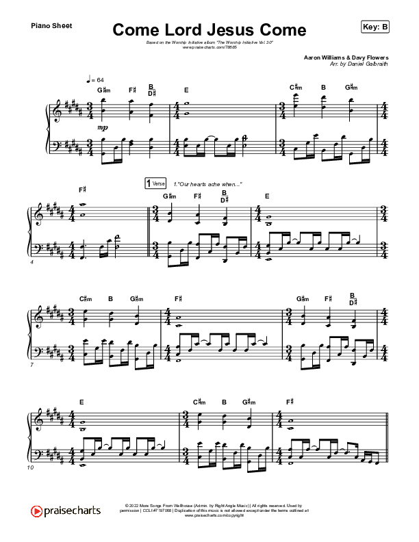 Come Lord Jesus Come Piano Sheet (The Worship Initiative / Shane & Shane / Aaron Williams / Davy Flowers)