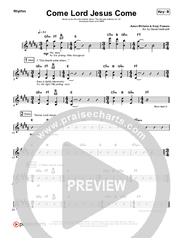 Come Lord Jesus Come Rhythm Chart (The Worship Initiative / Shane & Shane / Aaron Williams / Davy Flowers)