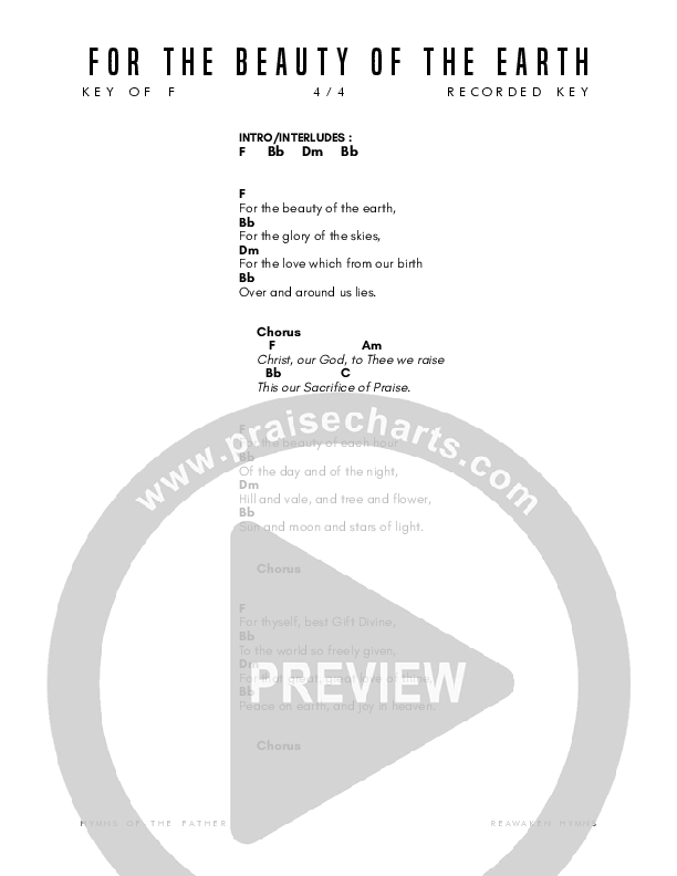 For The Beauty Of The Earth Chords PDF Reawaken Hymns PraiseCharts