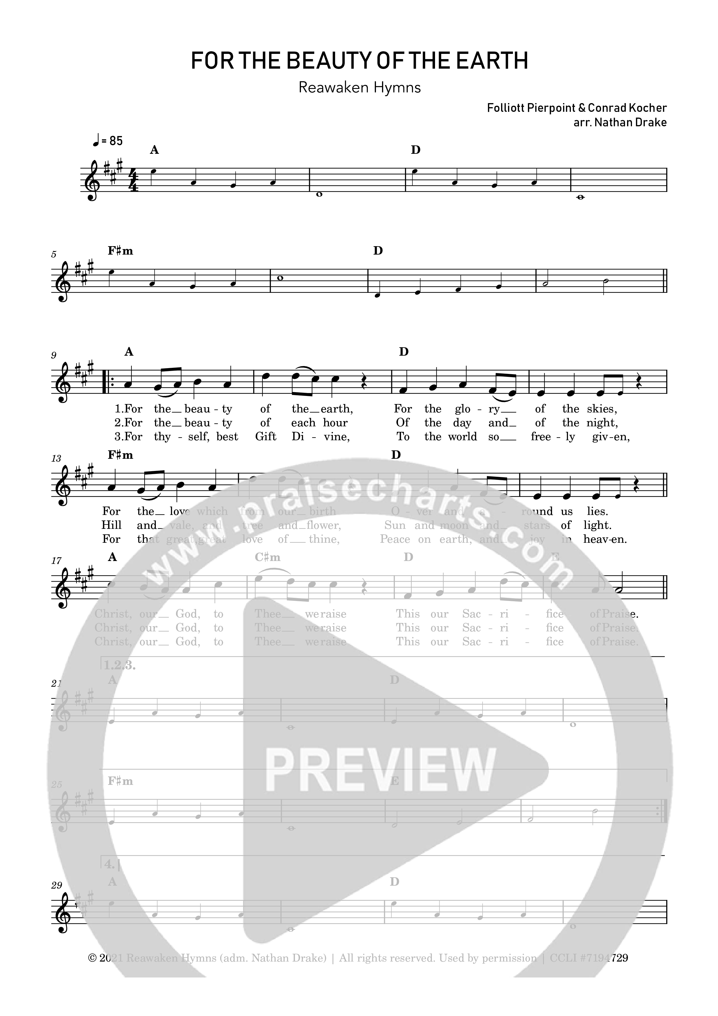 For The Beauty Of The Earth Lead Sheet Melody (Reawaken Hymns)