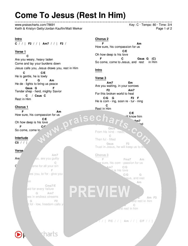 Come To Jesus (Rest In Him) Chords & Lyrics (Keith & Kristyn Getty / Jordan Kauflin / Matt Merker)