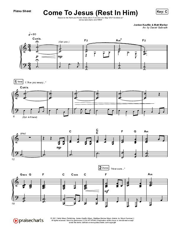 Come To Jesus (Rest In Him) Piano Sheet (Keith & Kristyn Getty / Jordan Kauflin / Matt Merker)