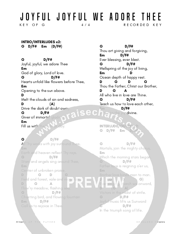 Joyful Joyful We Adore Thee Chord Chart (Reawaken Hymns)