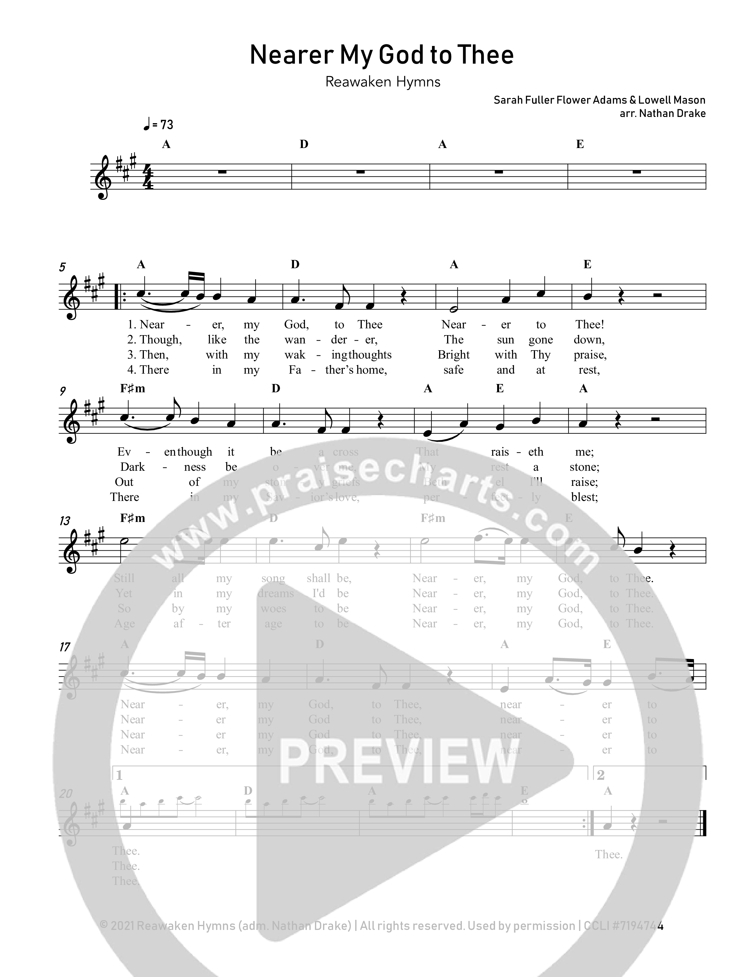 Nearer My God To Thee Lead Sheet Melody (Reawaken Hymns)