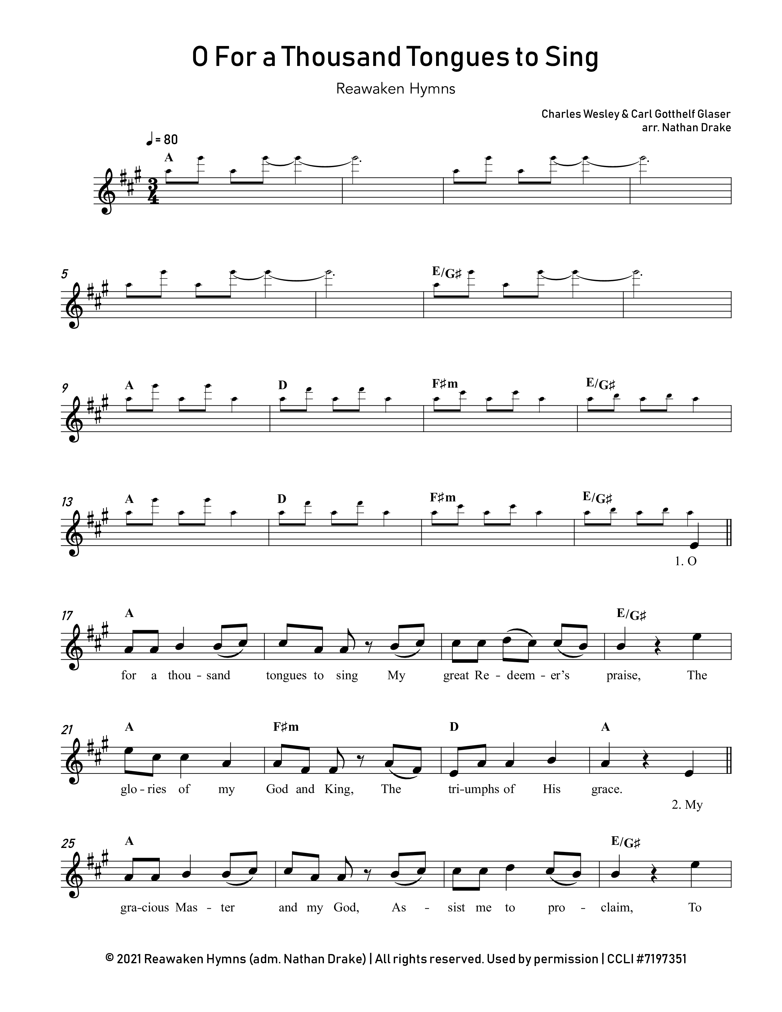 O For A Thousand Tongues To Sing Lead Sheet Melody (Reawaken Hymns)