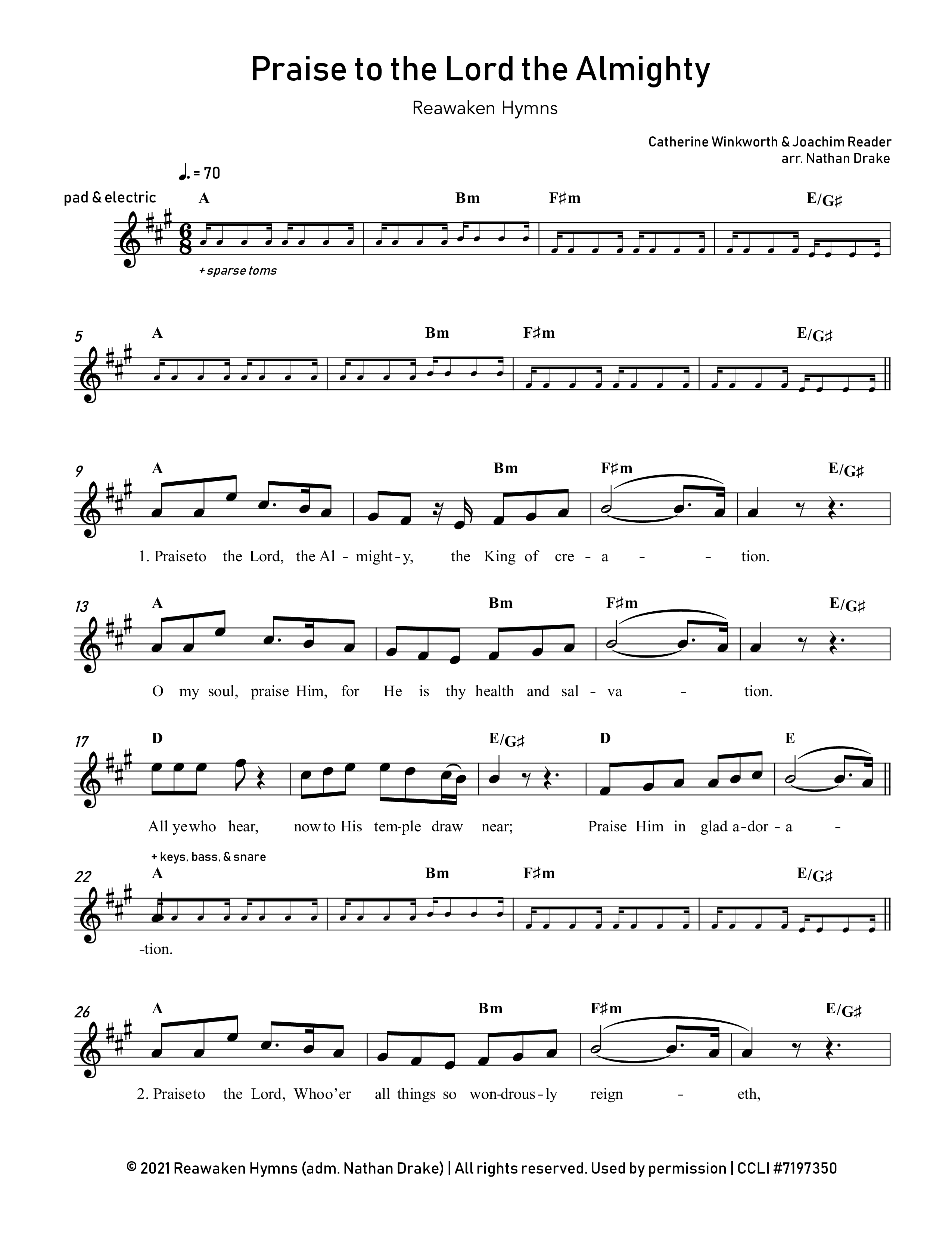 Praise To The Lord The Almighty Lead Sheet Melody (Reawaken Hymns)