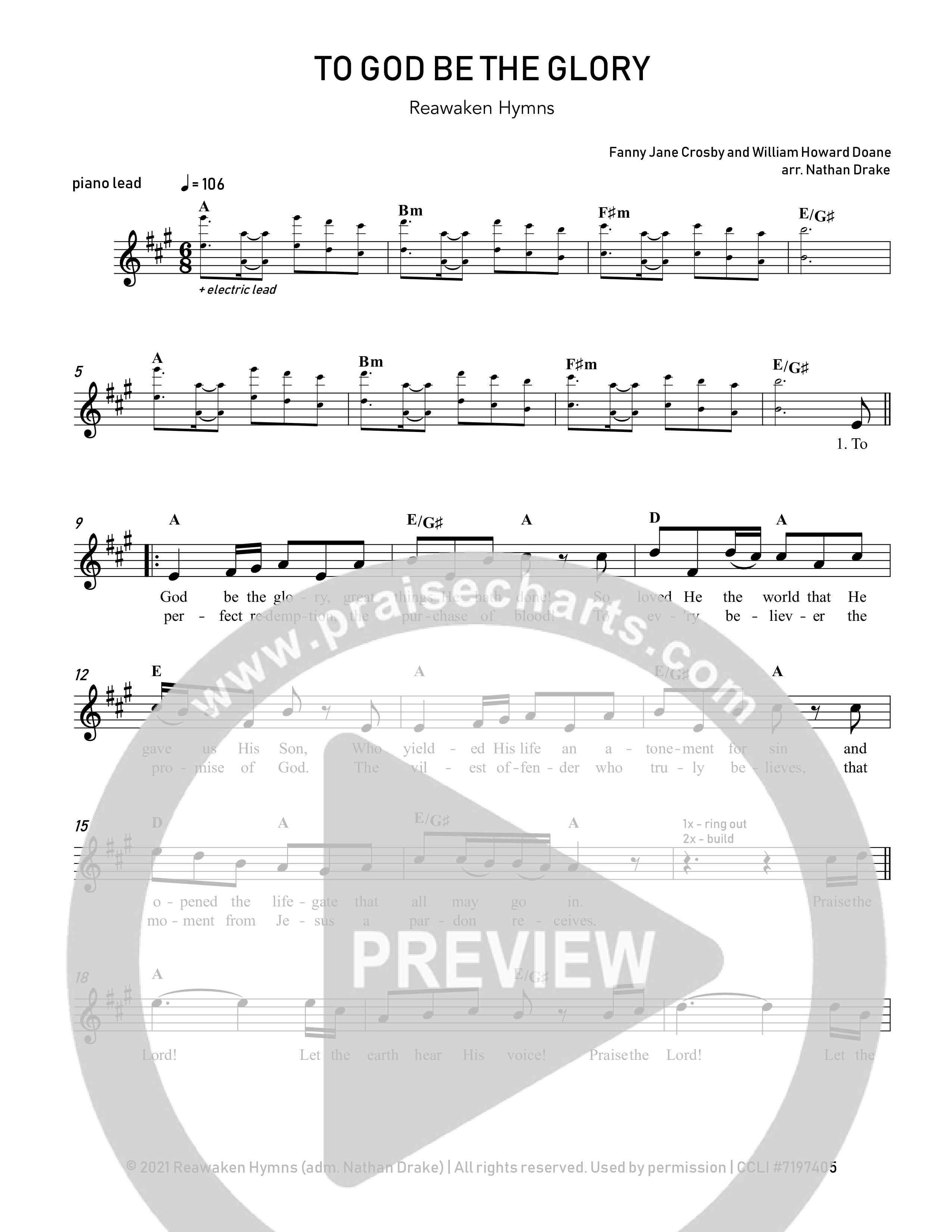 To God Be The Glory Lead Sheet Melody (Reawaken Hymns)