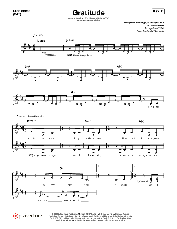 Gratitude Lead Sheet (SAT) (The Worship Initiative / Shane & Shane)