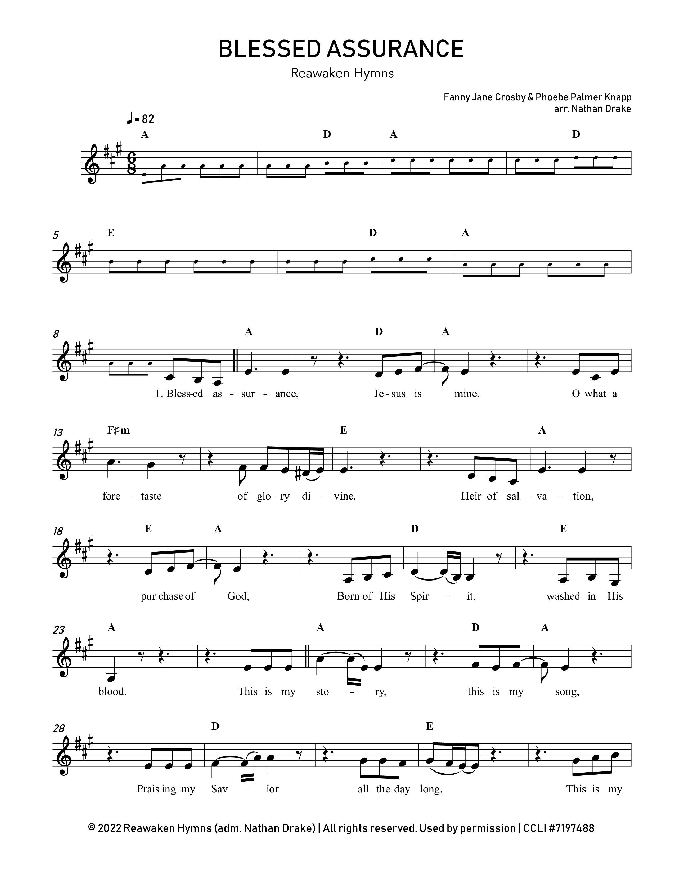 Blessed Assurance Lead Sheet Melody (Reawaken Hymns)