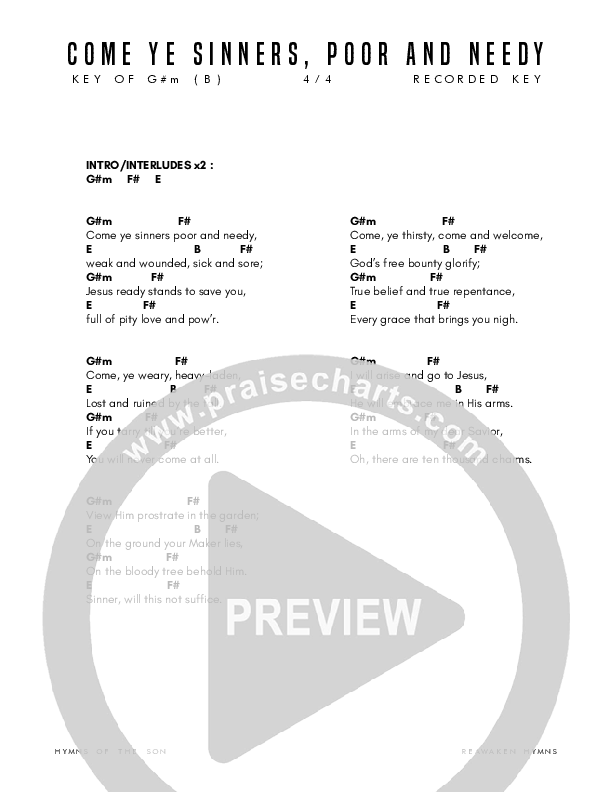 Come Ye Sinners Poor And Needy Chord Chart (Reawaken Hymns)