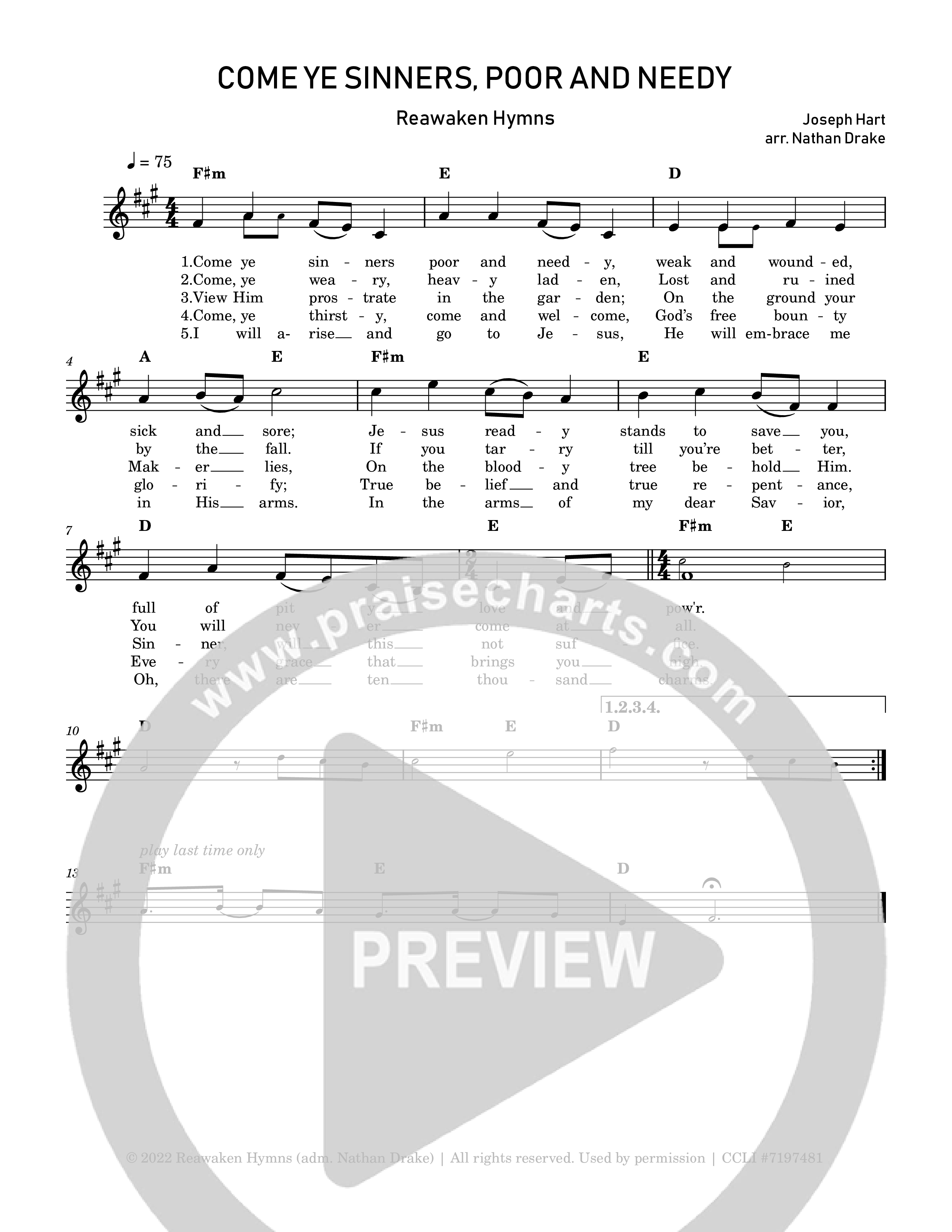Come Ye Sinners Poor And Needy Lead Sheet Melody (Reawaken Hymns)