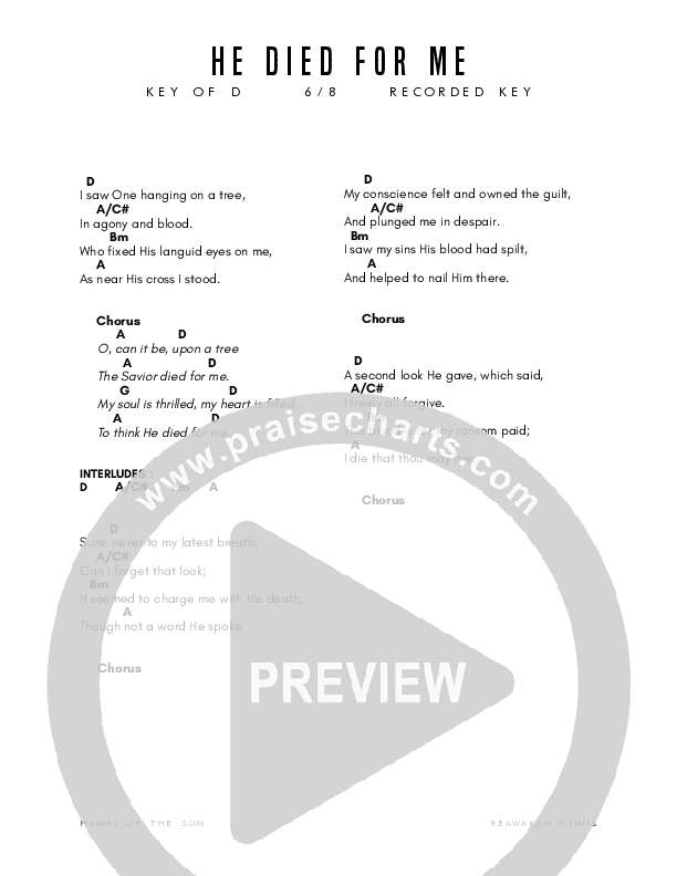 He Died For Me Chord Chart (Reawaken Hymns)