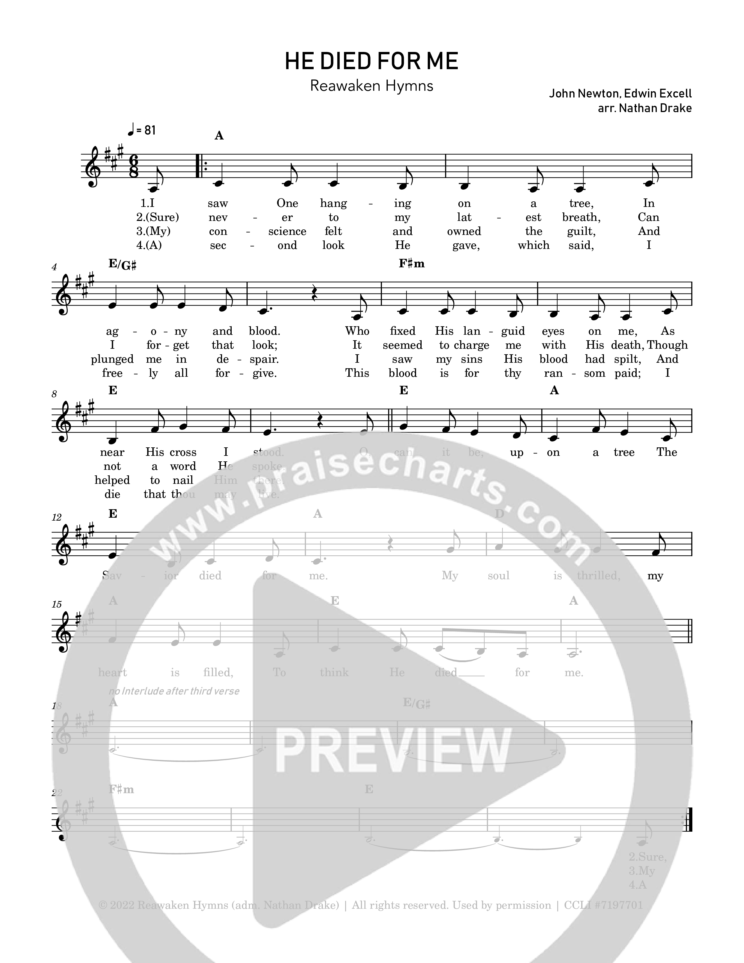 He Died For Me Lead Sheet Melody (Reawaken Hymns)