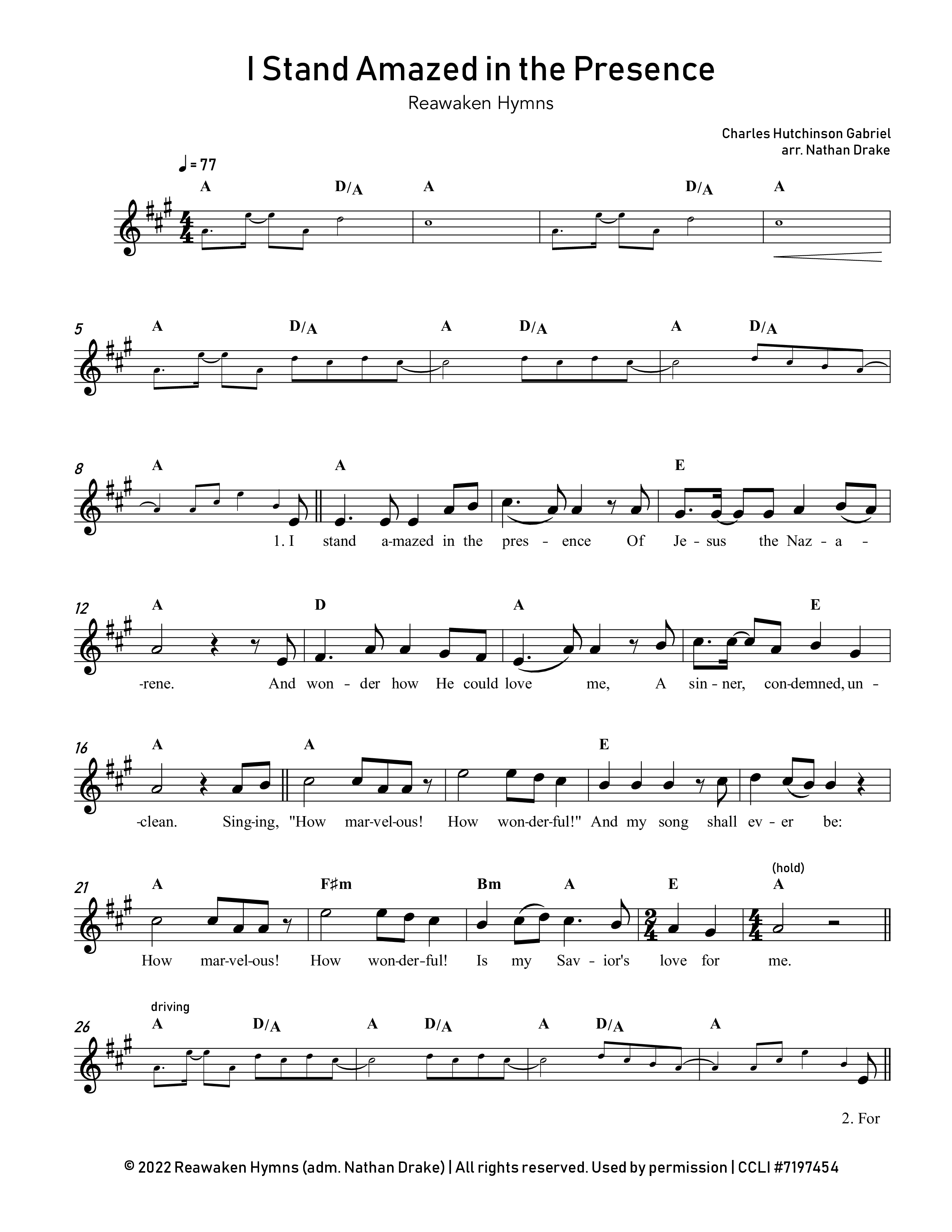 I Stand Amazed In The Presence Lead Sheet Melody (Reawaken Hymns)