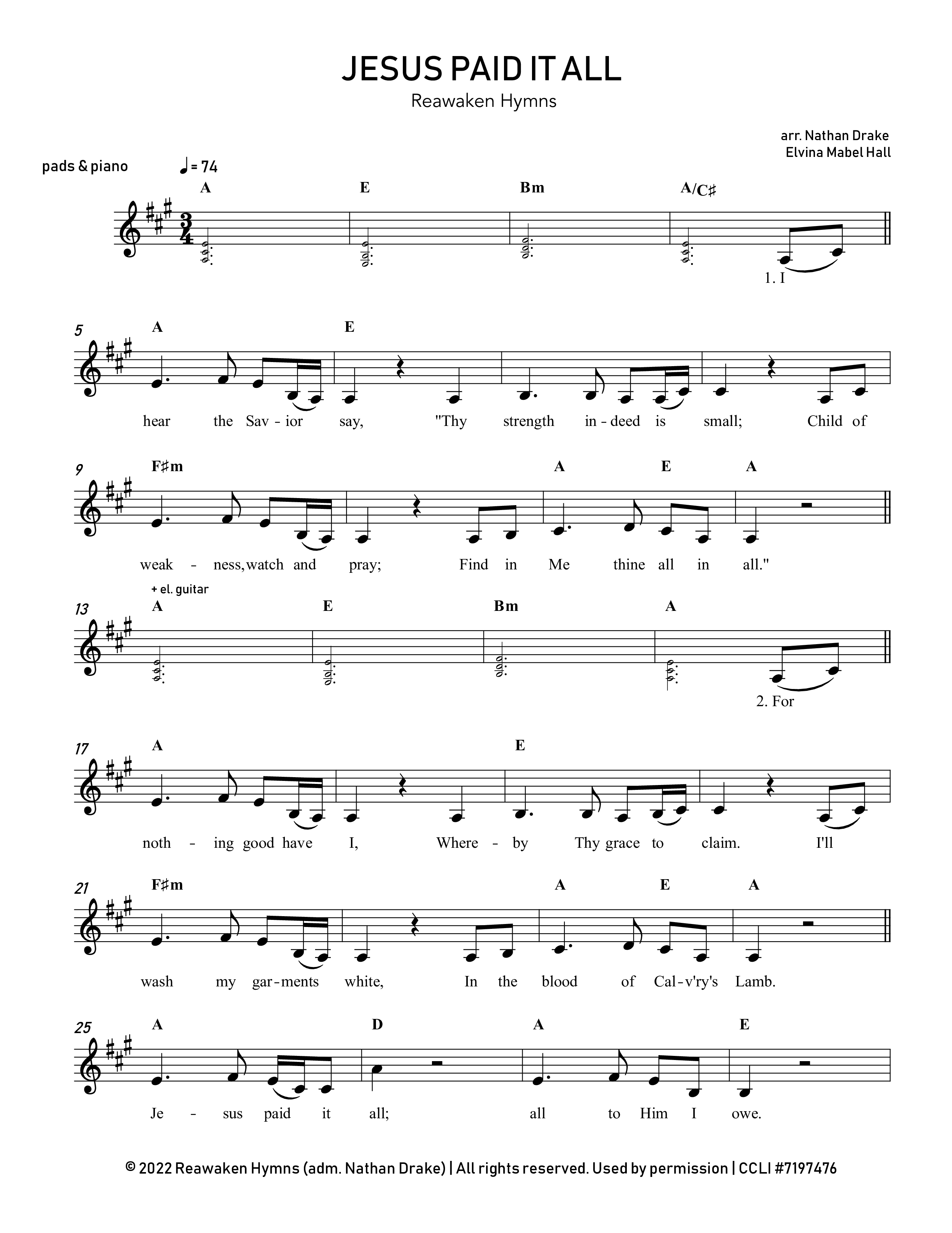 Jesus Paid It All Lead Sheet Melody (Reawaken Hymns)