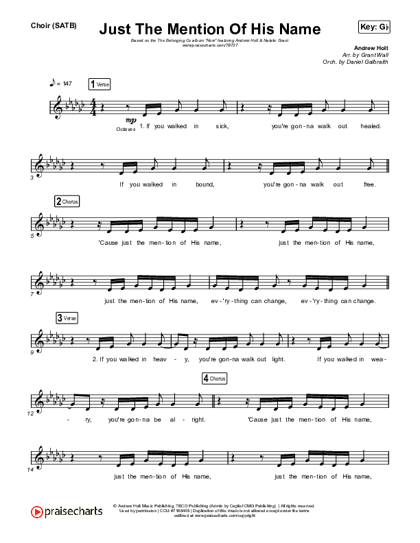 Just The Mention Of His Name (Live) Choir Sheet (SATB) (The Belonging Co / Andrew Holt / Natalie Grant)