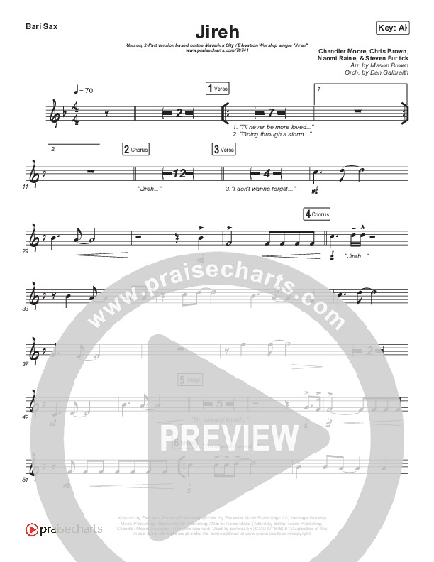 Jireh (Unison/2-Part Choir) Bari Sax (Maverick City Music / Elevation Worship / Arr. Mason Brown)