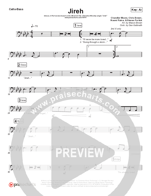 Jireh (Unison/2-Part Choir) Cello/Bass (Maverick City Music / Elevation Worship / Arr. Mason Brown)