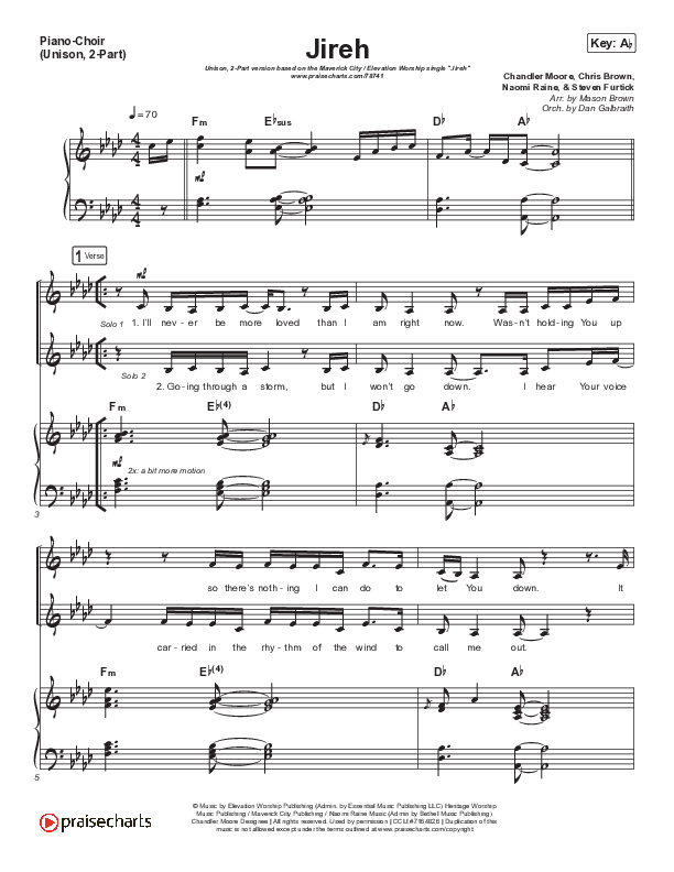 Jireh (Unison/2-Part Choir) Piano/Choir  (Uni/2-Part) (Maverick City Music / Elevation Worship / Arr. Mason Brown)