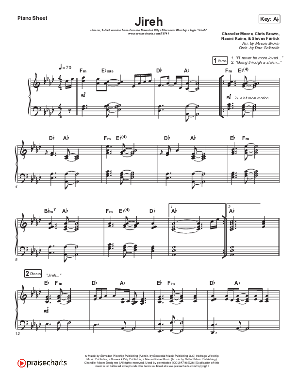 Jireh (Unison/2-Part Choir) Piano Sheet (Maverick City Music / Elevation Worship / Arr. Mason Brown)