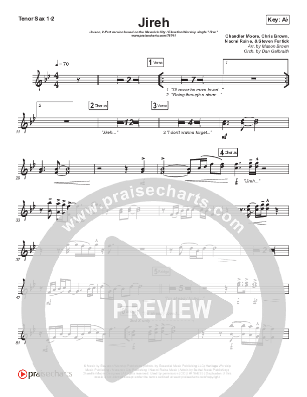 Jireh (Unison/2-Part Choir) Tenor Sax 1/2 (Maverick City Music / Elevation Worship / Arr. Mason Brown)
