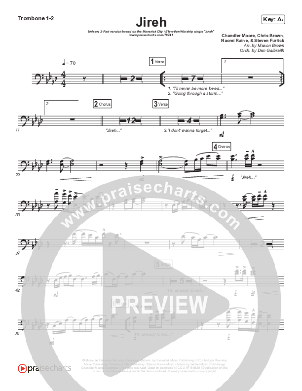 Jireh (Unison/2-Part Choir) Trombone 1/2 (Maverick City Music / Elevation Worship / Arr. Mason Brown)