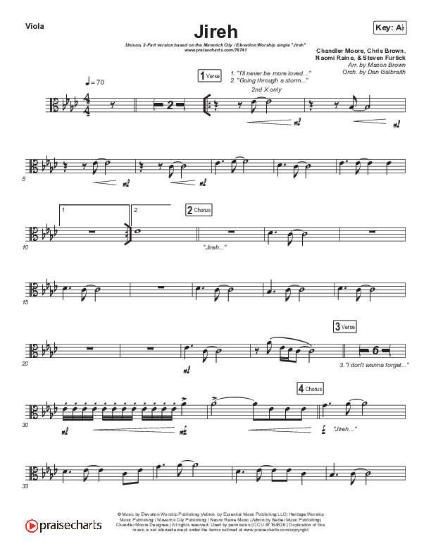 Jireh (Unison/2-Part Choir) Viola (Maverick City Music / Elevation Worship / Arr. Mason Brown)