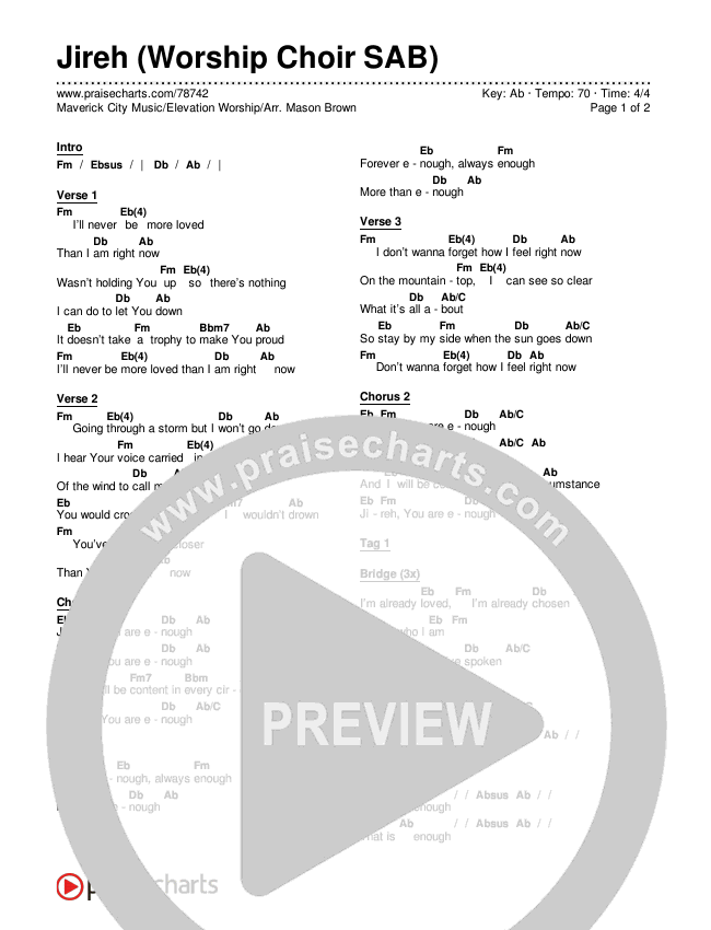 Jireh (Worship Choir SAB) Chords & Lyrics (Maverick City Music / Elevation Worship / Arr. Mason Brown)