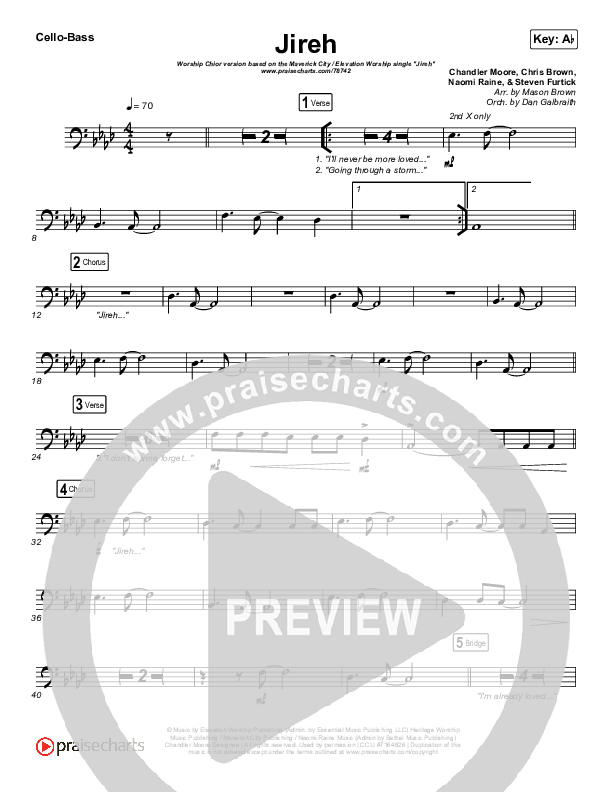 Jireh (Worship Choir SAB) Cello/Bass (Maverick City Music / Elevation Worship / Arr. Mason Brown)