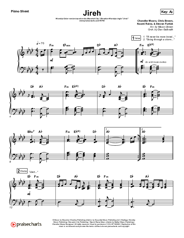 Jireh (Worship Choir SAB) Piano Sheet (Maverick City Music / Elevation Worship / Arr. Mason Brown)