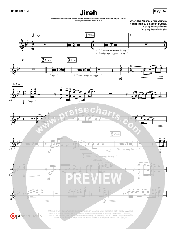 Jireh (Worship Choir SAB) Trumpet 1,2 (Maverick City Music / Elevation Worship / Arr. Mason Brown)