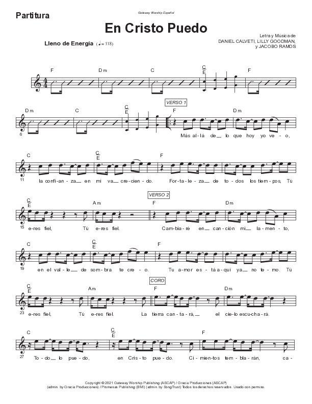 En Cristo Puedo Lead Sheet Melody (Gateway Worship Español / Josh Morales)