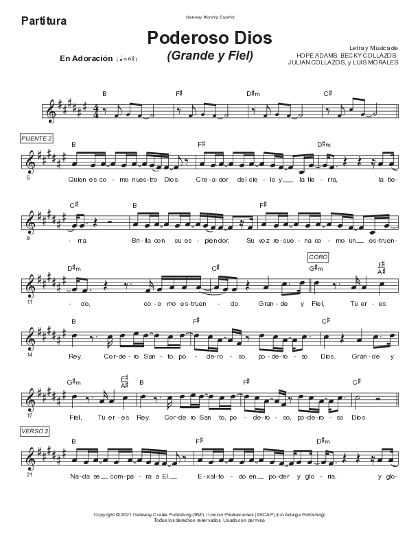 Poderoso Dios Lead Sheet Melody (Gateway Worship Español / Miel San Marcos)