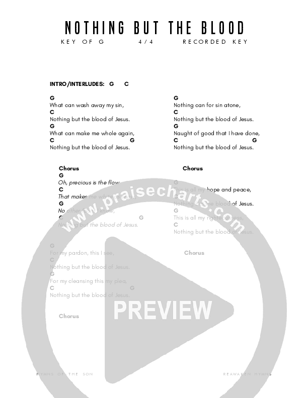 Nothing But The Blood Chord Chart (Reawaken Hymns)
