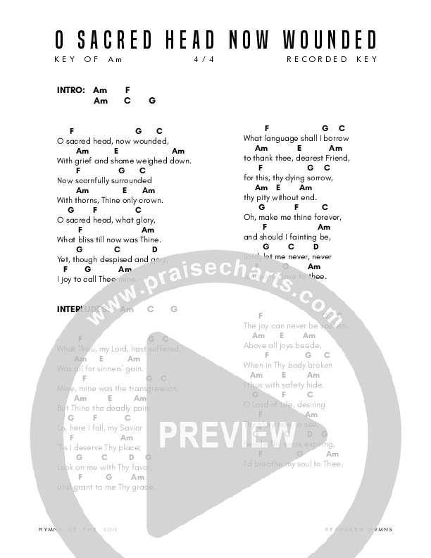 O Sacred Head Now Wounded Chord Chart (Reawaken Hymns)