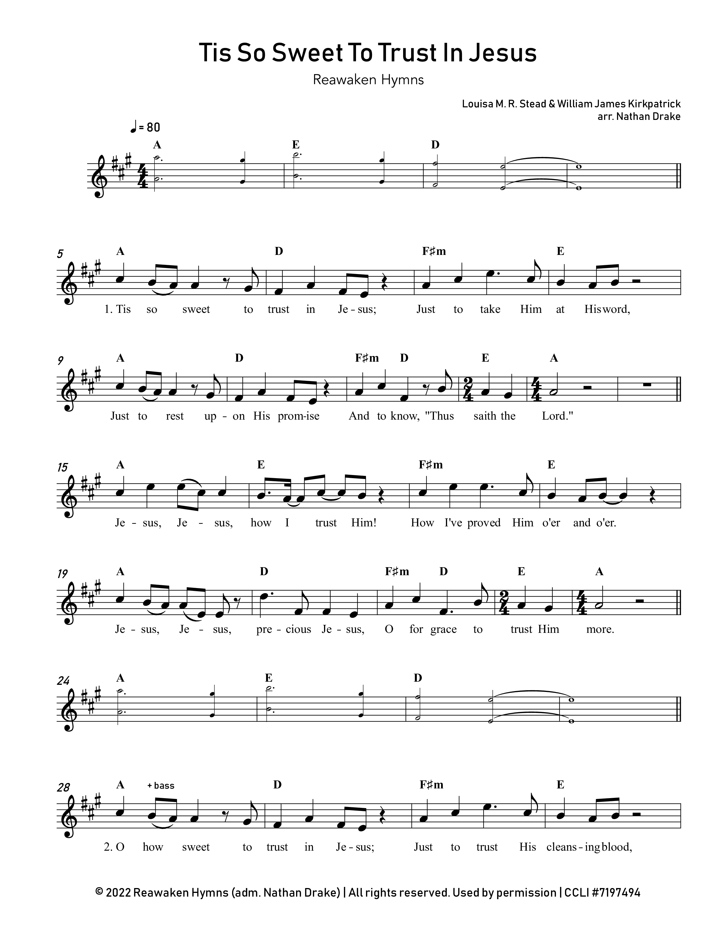 Tis So Sweet To Trust In Jesus Lead Sheet Melody (Reawaken Hymns)