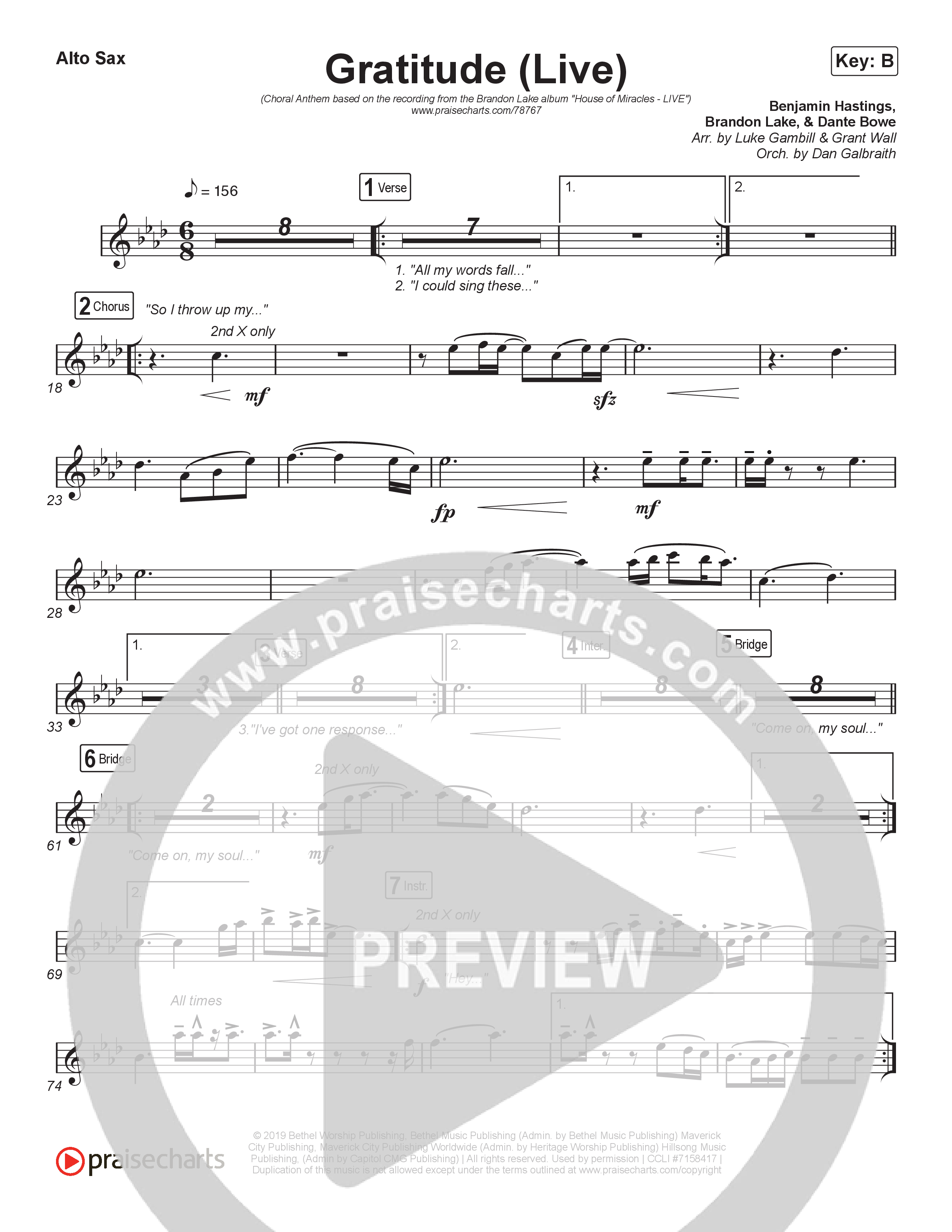 Gratitude (Live) (Choral Anthem SATB) Alto Sax (Brandon Lake / Arr. Luke Gambill)