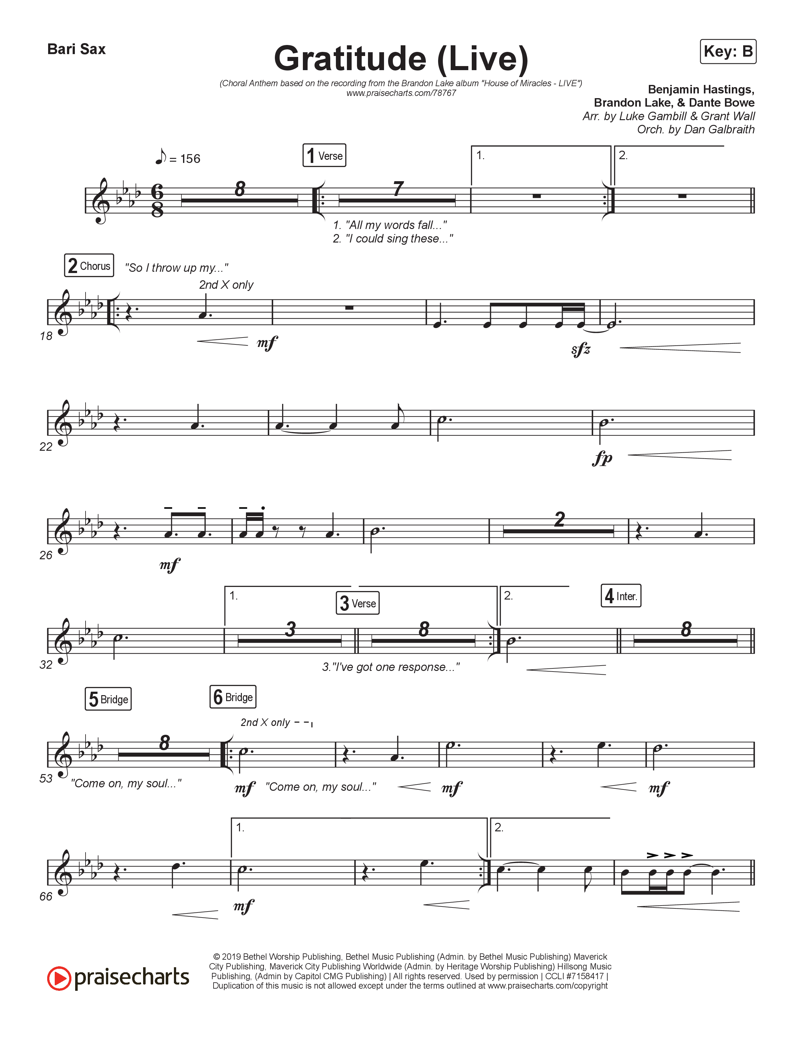 Gratitude (Live) (Choral Anthem SATB) Bari Sax (Brandon Lake / Arr. Luke Gambill)