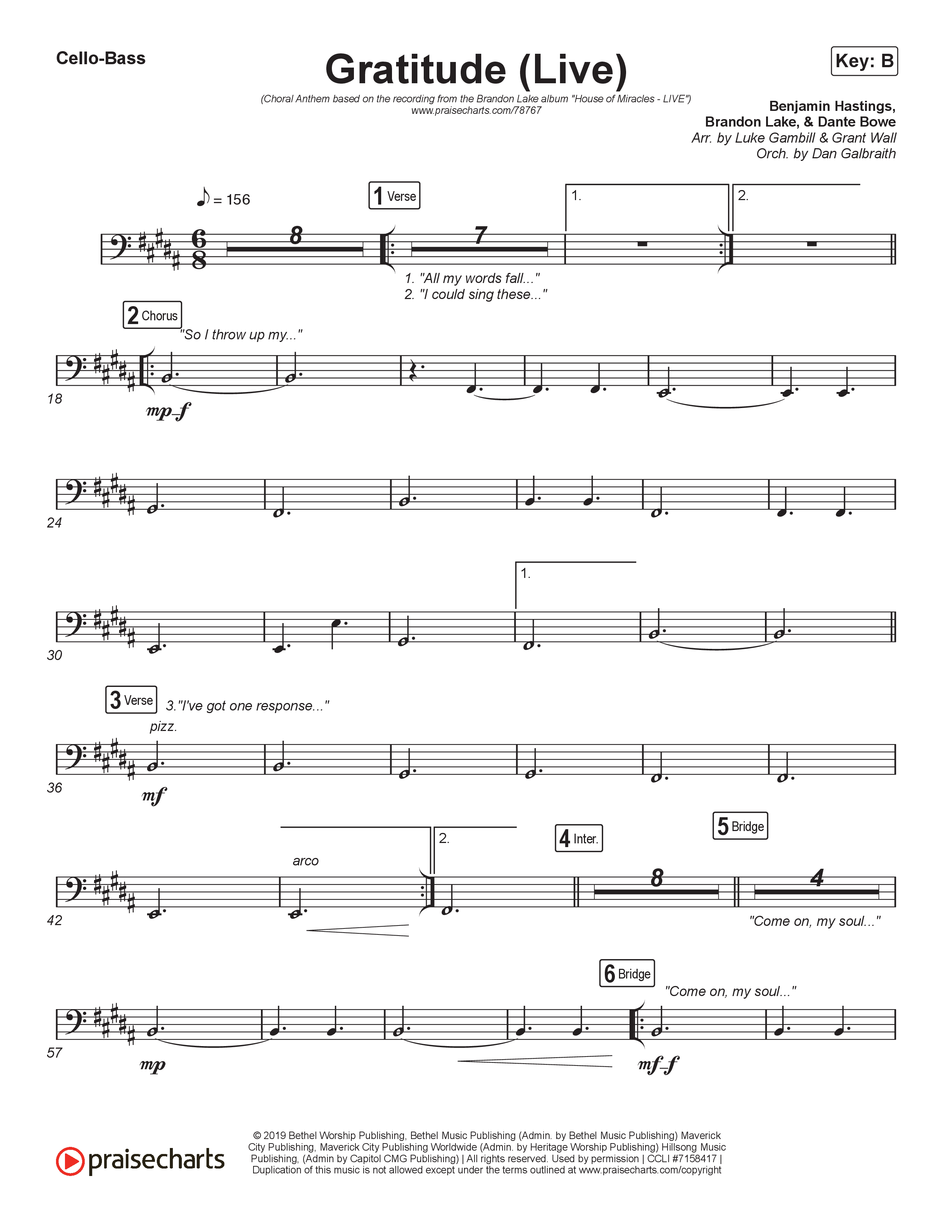 Gratitude (Live) (Choral Anthem SATB) Cello/Bass (Brandon Lake / Arr. Luke Gambill)