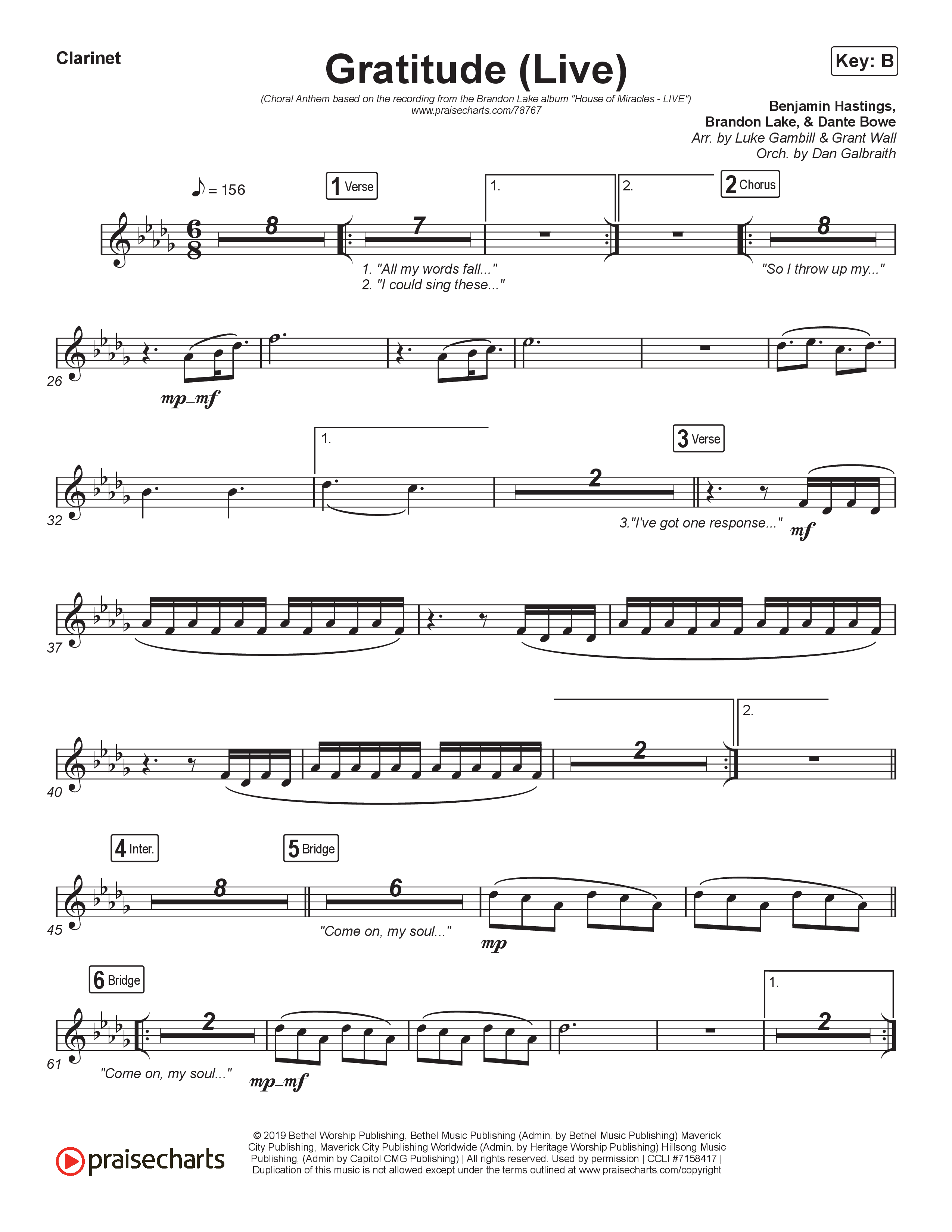 Gratitude (Live) (Choral Anthem SATB) Clarinet 1,2 (Brandon Lake / Arr. Luke Gambill)