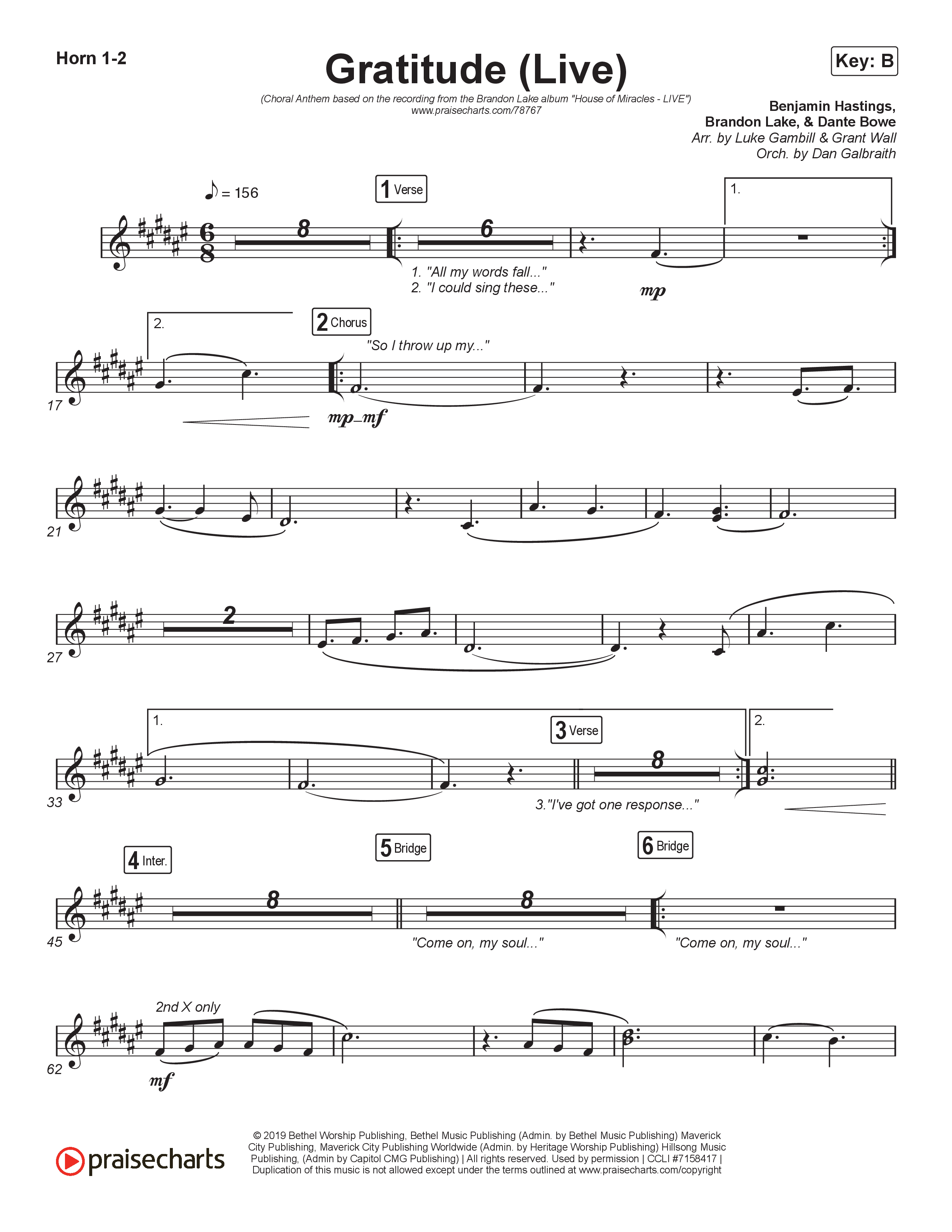 Gratitude (Live) (Choral Anthem SATB) Brass Pack (Brandon Lake / Arr. Luke Gambill)