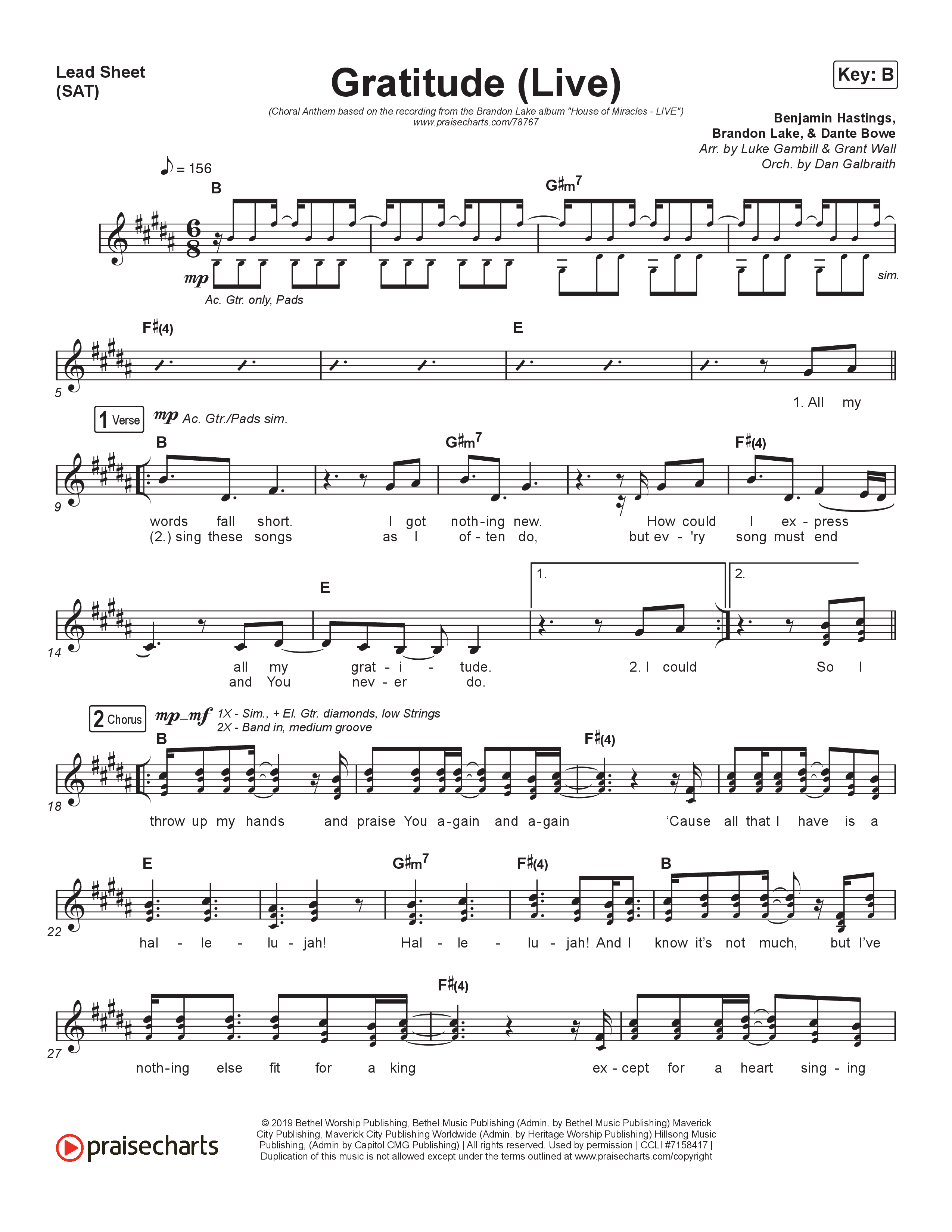 Gratitude (Live) (Choral Anthem SATB) Lead Sheet (SAT) (Brandon Lake / Arr. Luke Gambill)